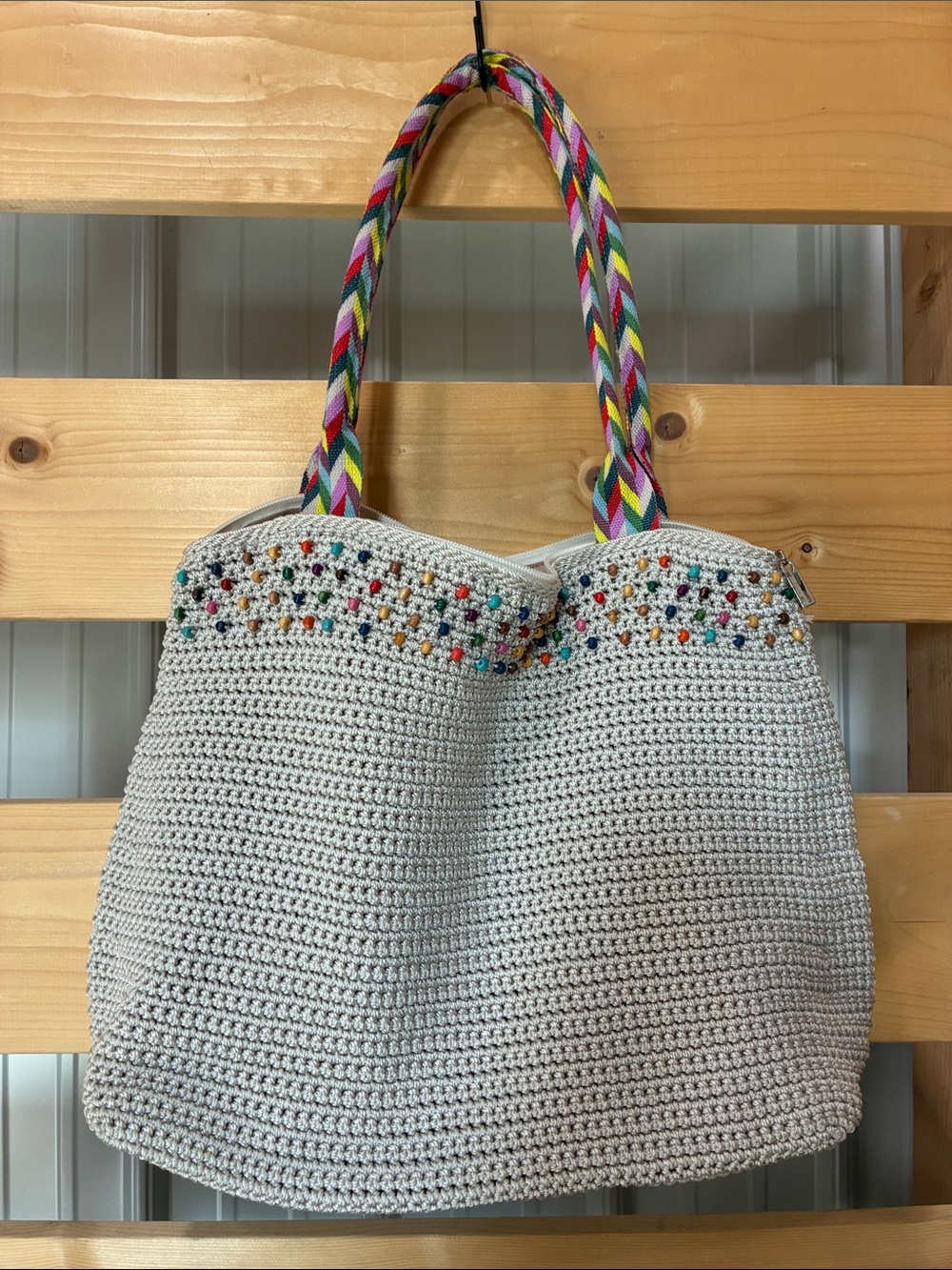 The Sak Cream Crochet Tote with Multicolor Braided Straps